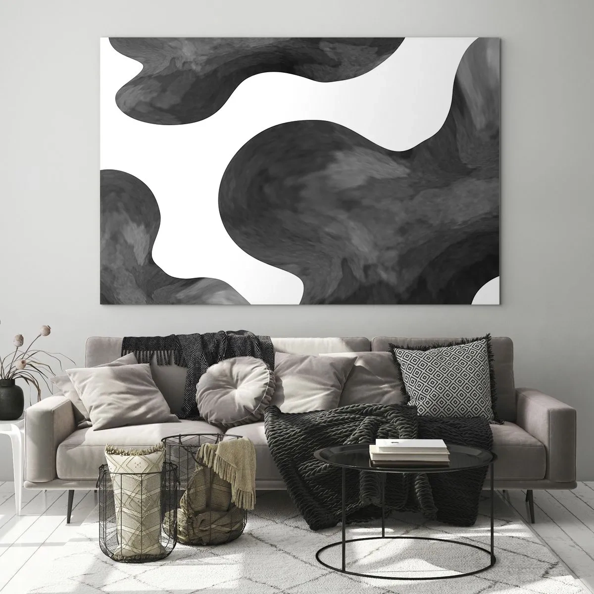 Quadro em vidro - Formas abstratas em tons de preto e branco - 70x50cm - Via Láctea - Decoração de parede moderna para a sala de estar e quarto ARTTOR