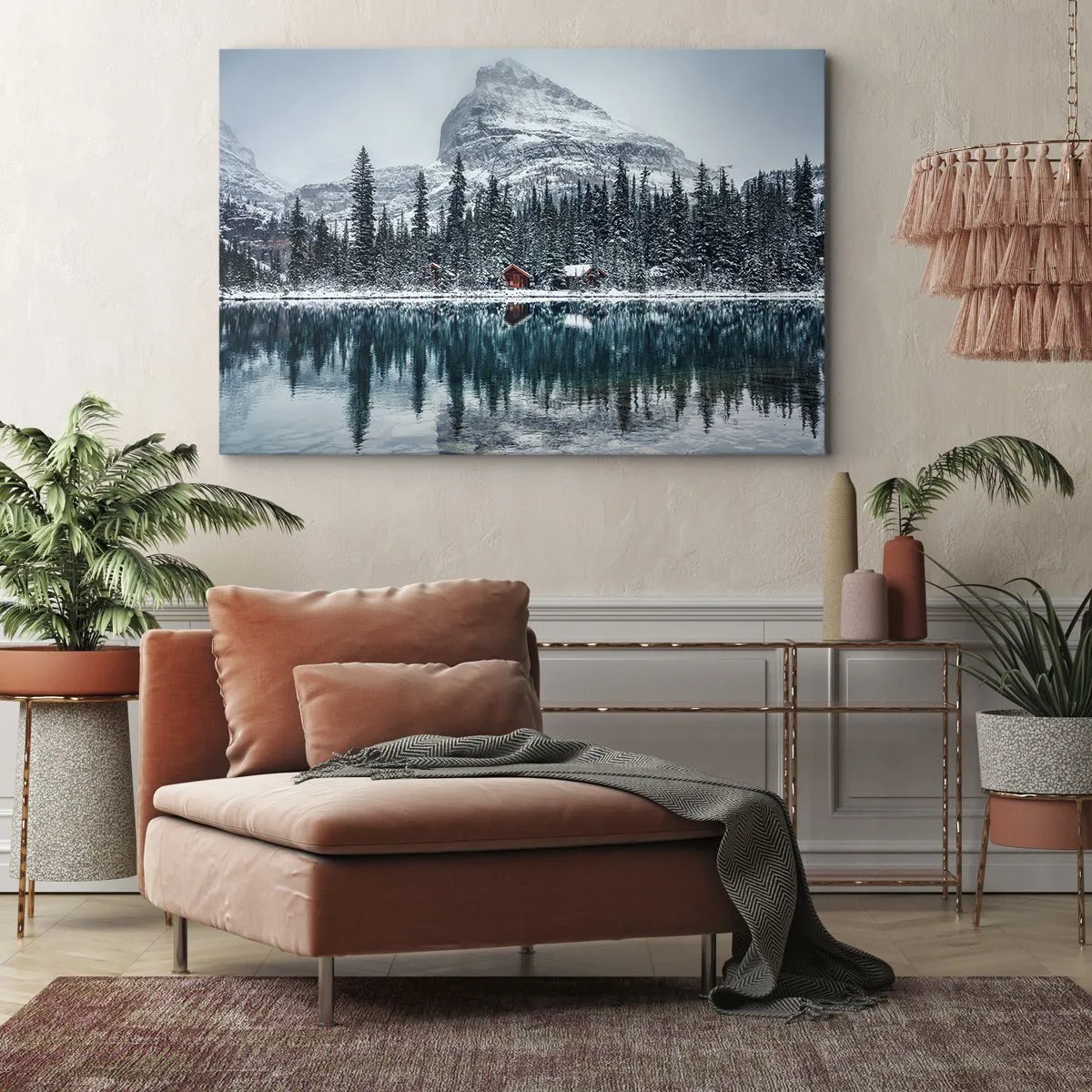 Quadro em tela - Paisagem de inverno com casas de campo na floresta perto de um lago congelado - 70x50cm - Retiro canadense - Decoração de parede moderna para a sala de estar e quarto ARTTOR