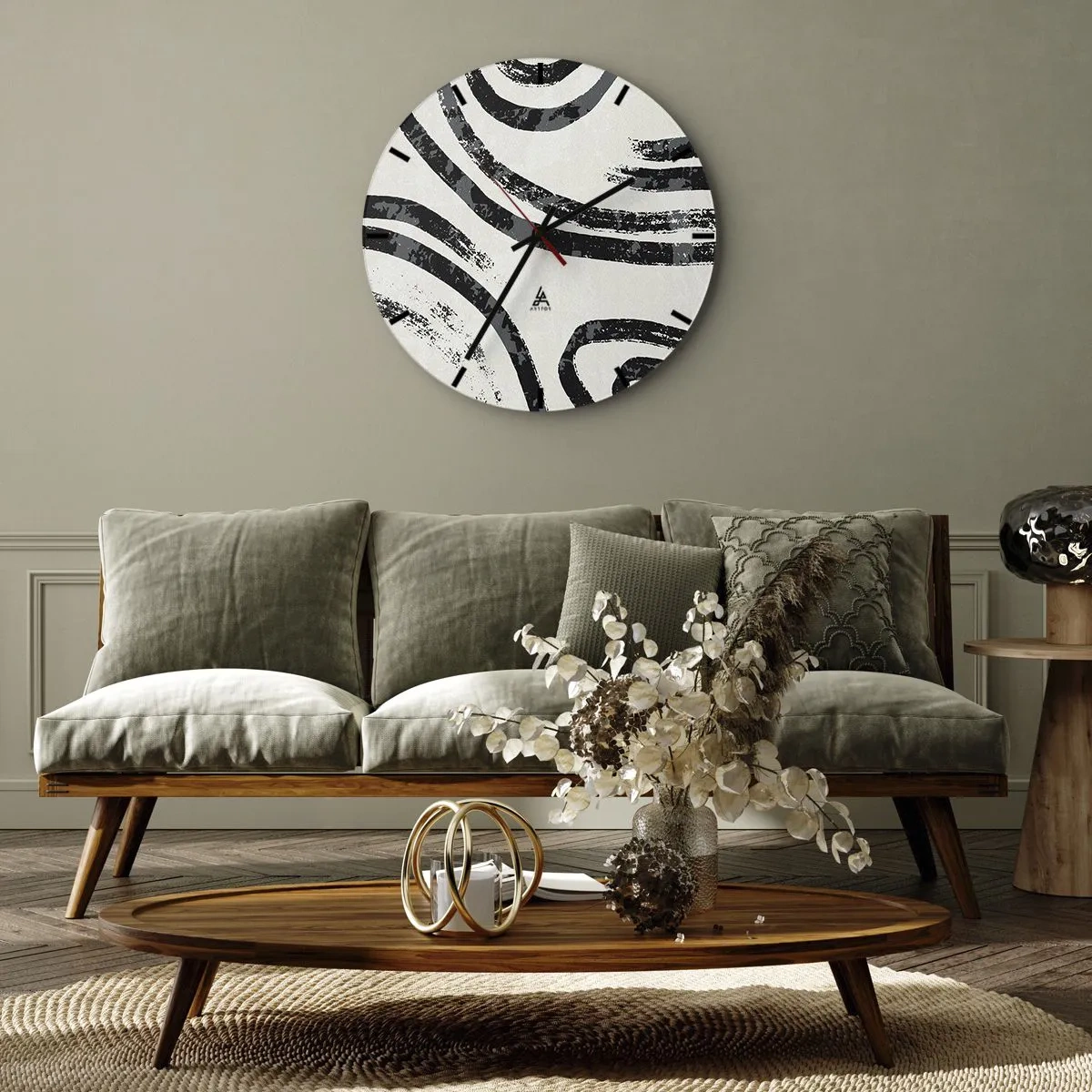 Relógio de parede - Relógio em vidro - Arcos pretos e cinzas sobre fundo claro em estilo minimalista - 30x30cm - Meio parado - Decoração de parede moderna para a sala de estar, cozinha e quarto ARTTOR