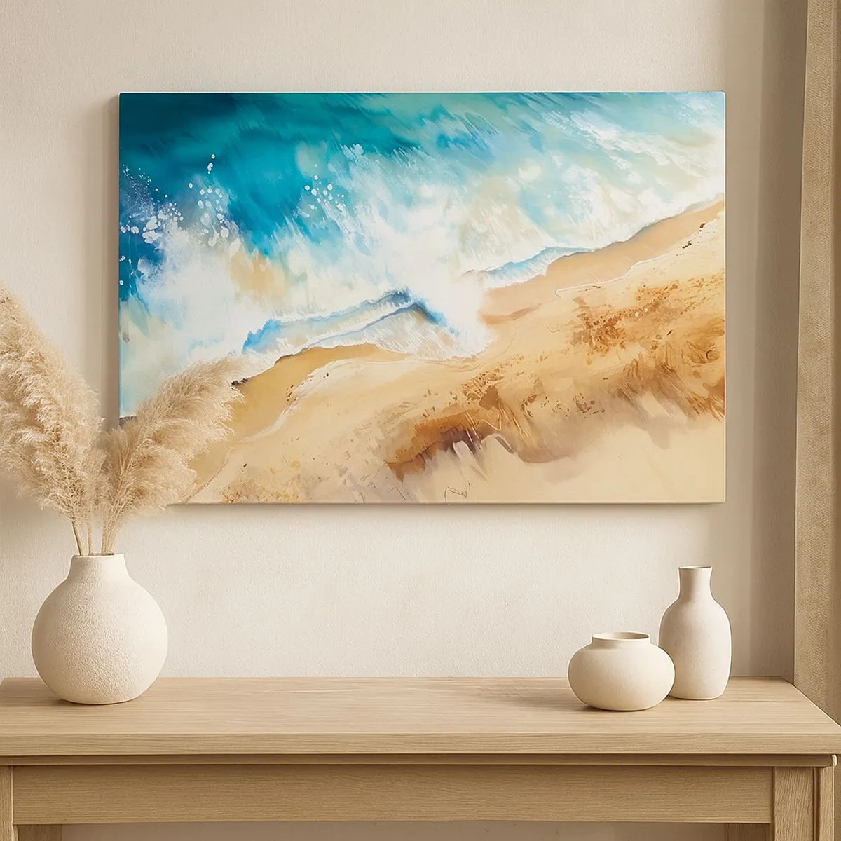 Quadro em tela - Uma onda do mar quebrando contra a costa arenosa - 70x50cm - A onda que retorna - Decoração de parede moderna para a sala de estar e quarto ARTTOR