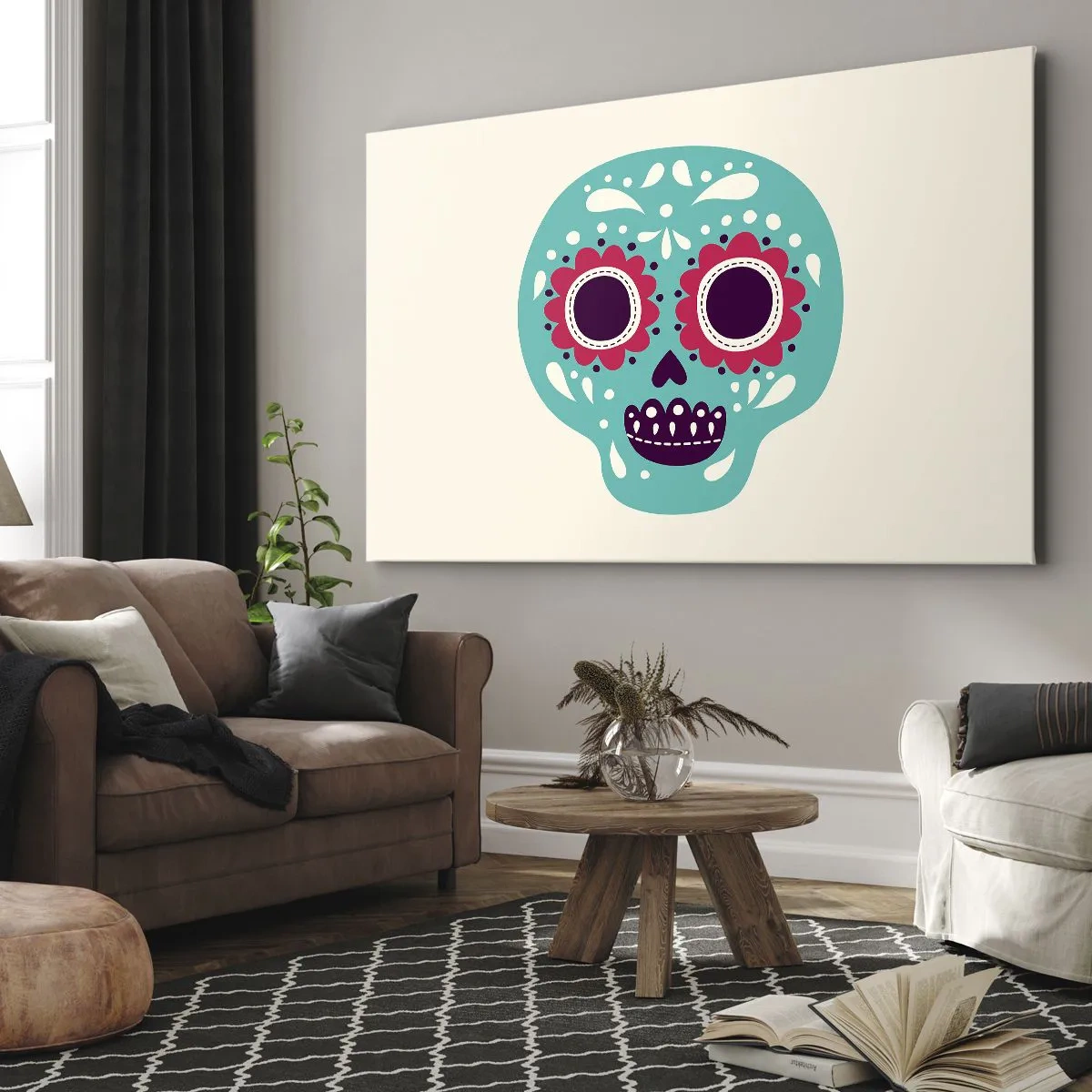 Quadro em tela - Uma caveira de açúcar turquesa e roxa inspirada na cultura mexicana - 70x50cm - Vida – diversão até a morte - Decoração de parede moderna para a sala de estar e quarto ARTTOR
