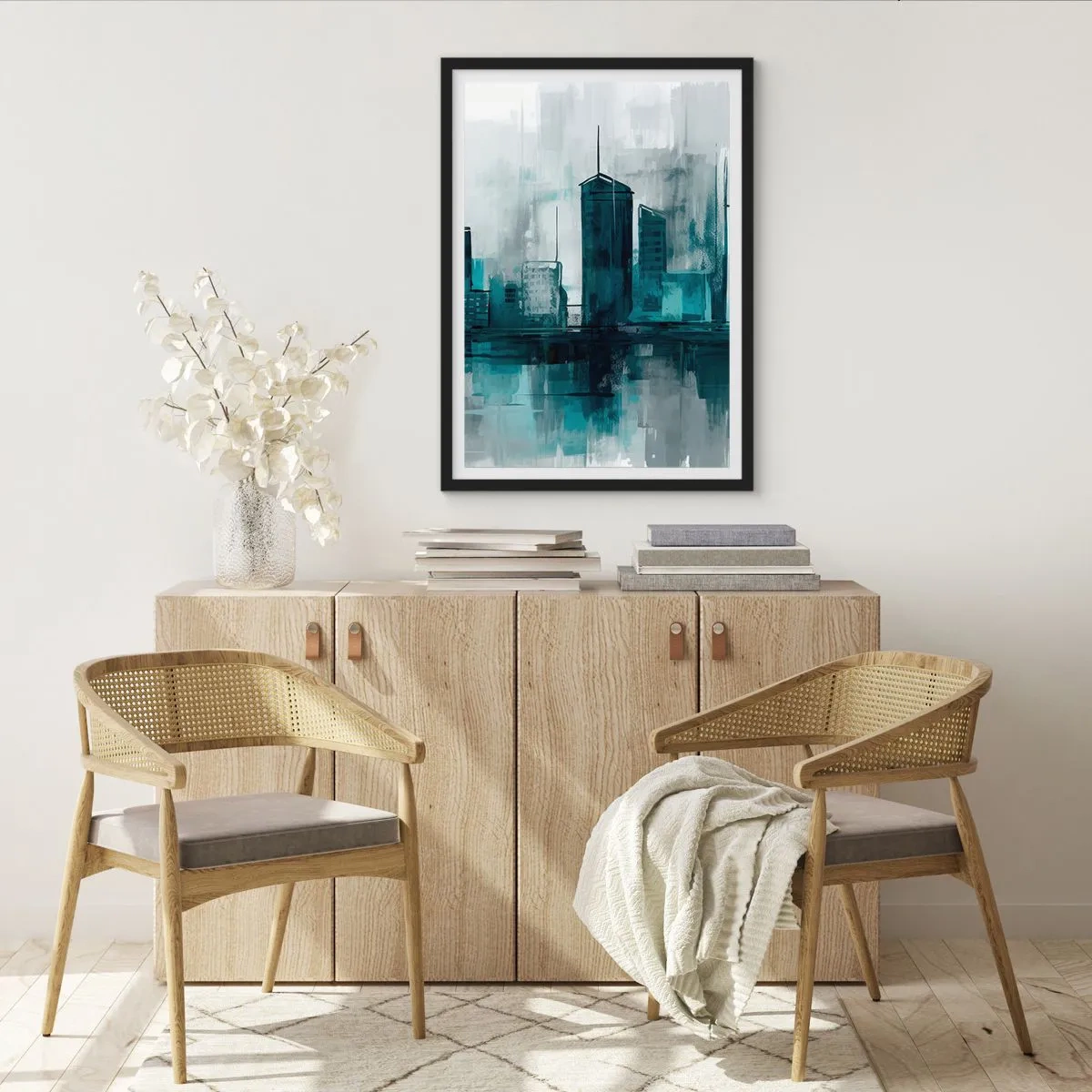 Pôster com moldura preta - Um panorama urbano moderno em tons de azul - 50x70cm - Uma cidade da cor da chuva - Decoração de parede moderna para a sala de estar e quarto ARTTOR
