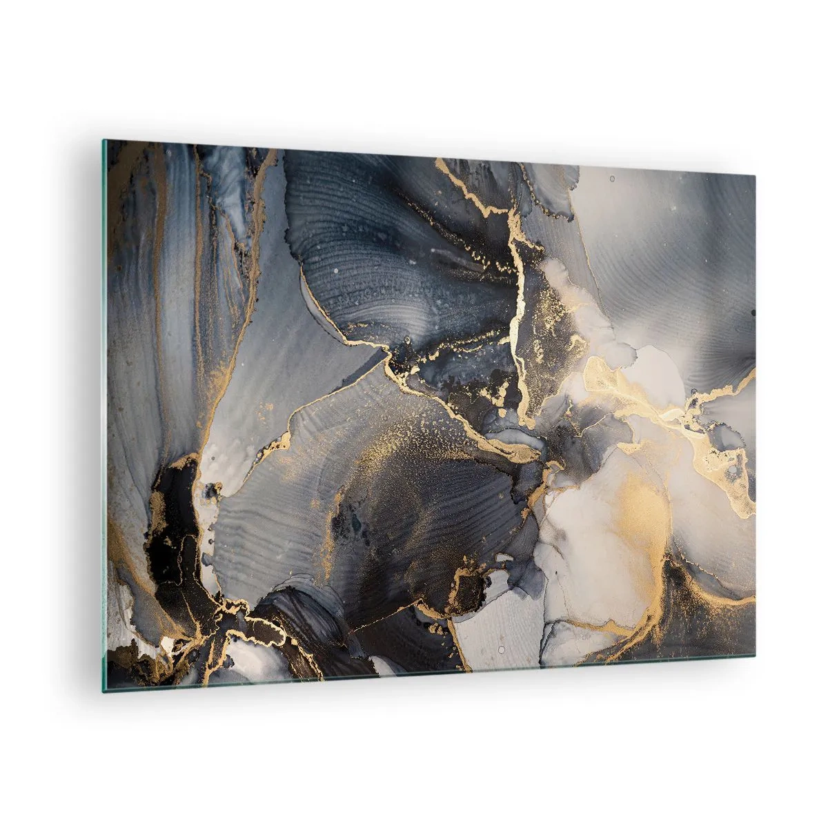 Quadro em vidro - Abstração escura com efeito mármore e veios dourados - 70x50cm - A vida da pedra - Decoração de parede moderna para a sala de estar e quarto ARTTOR