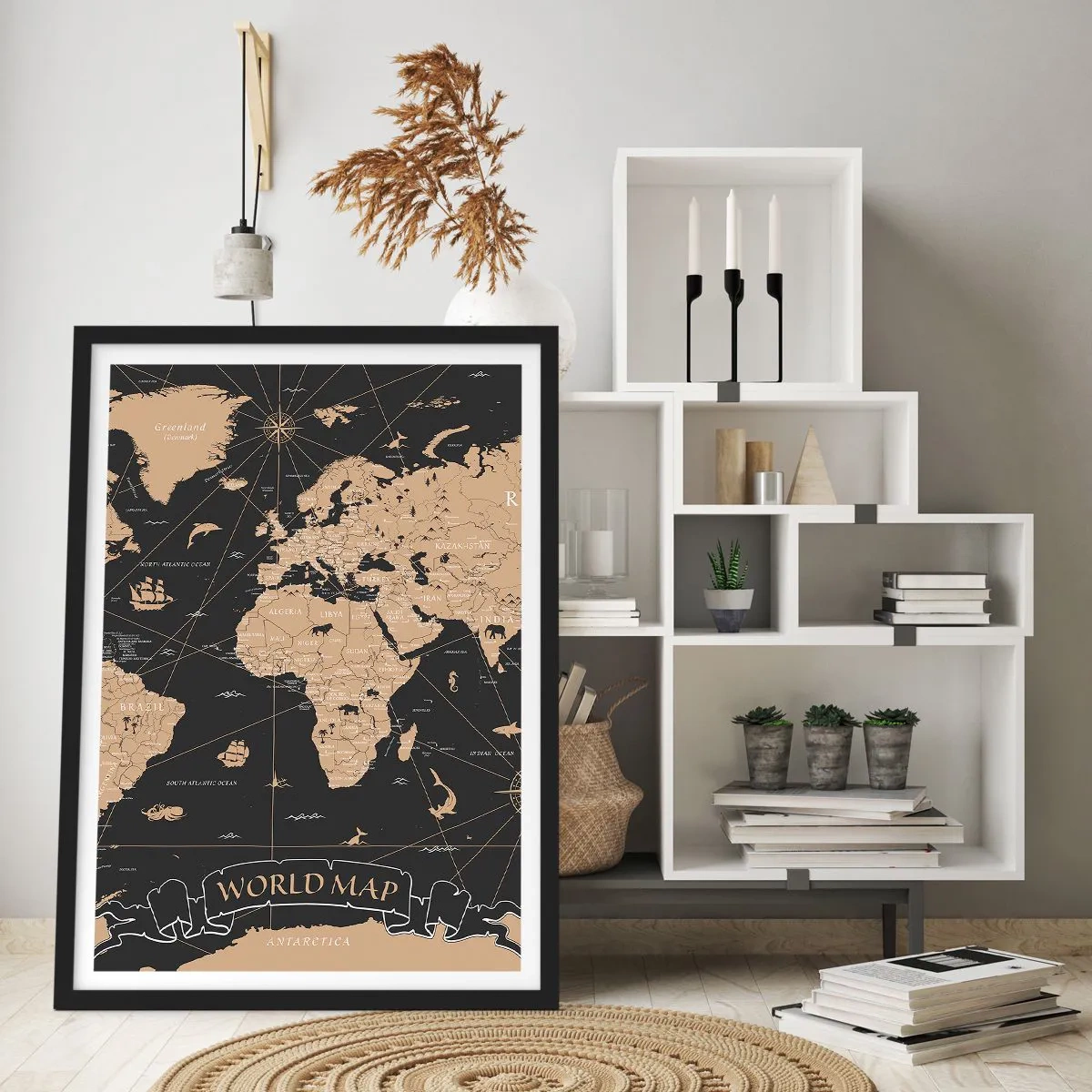 Pôster com moldura preta - Mapa-múndi estilizado em cores vintage - 50x70cm - Os limites do meu mundo - Decoração de parede moderna para a sala de estar e quarto ARTTOR