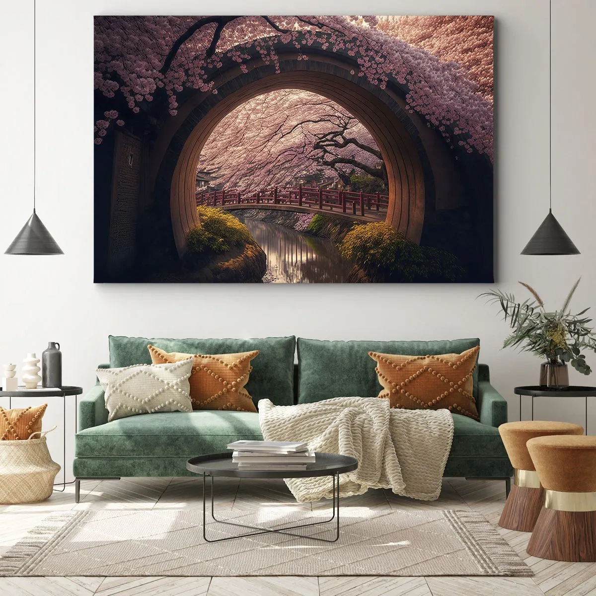 Quadro em tela - Uma ponte tradicional japonesa cercada por flores de cerejeira - 70x50cm - Primavera japonesa - Decoração de parede moderna para a sala de estar e quarto ARTTOR