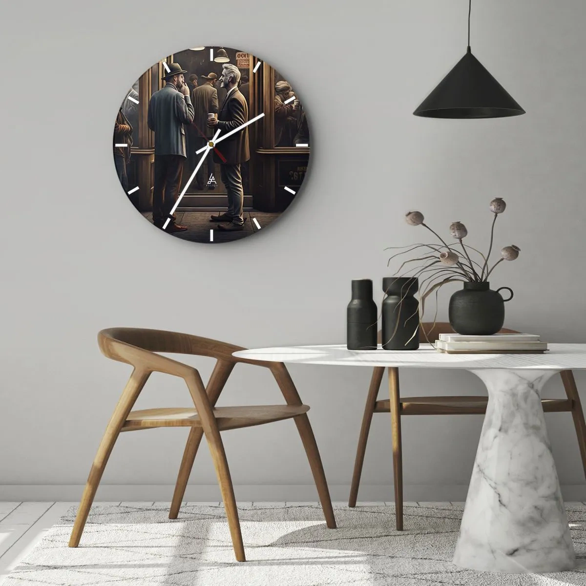 Relógio de parede - Relógio em vidro - Dois homens conversando enquanto tomam café em frente a um café - 30x30cm - Boa hora do dia - Decoração de parede moderna para a sala de estar, cozinha e quarto ARTTOR