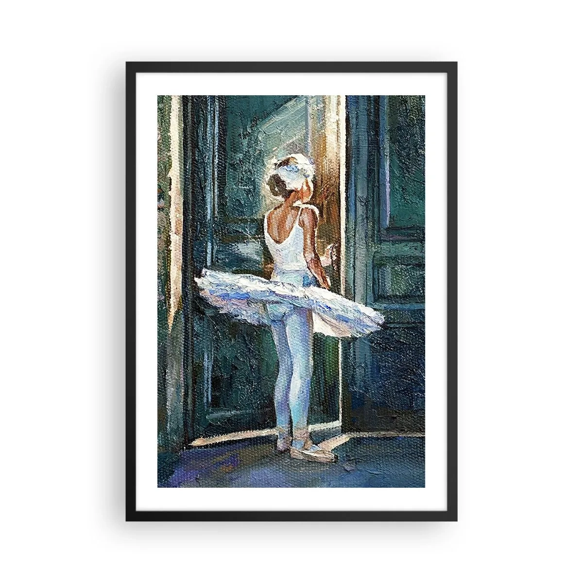 Pôster com moldura preta - Bailarina à luz de uma porta em estilo impressionista - 50x70cm - Antes do show - Decoração de parede moderna para a sala de estar e quarto ARTTOR