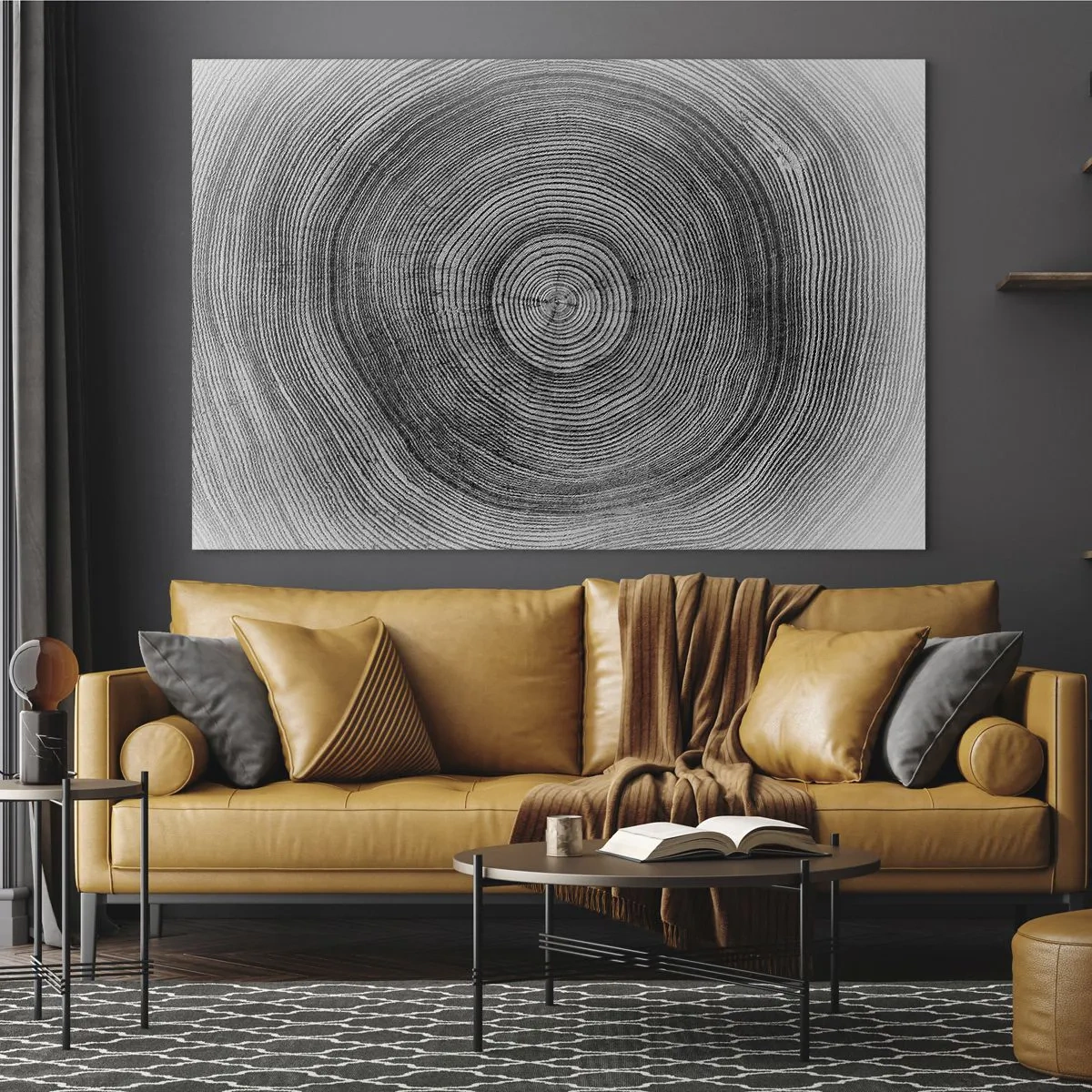 Quadro em vidro - Linhas concêntricas de anéis de árvores apresentadas em uma estética em preto e branco - 70x50cm - Sinal dos tempos - Decoração de parede moderna para a sala de estar e quarto ARTTOR