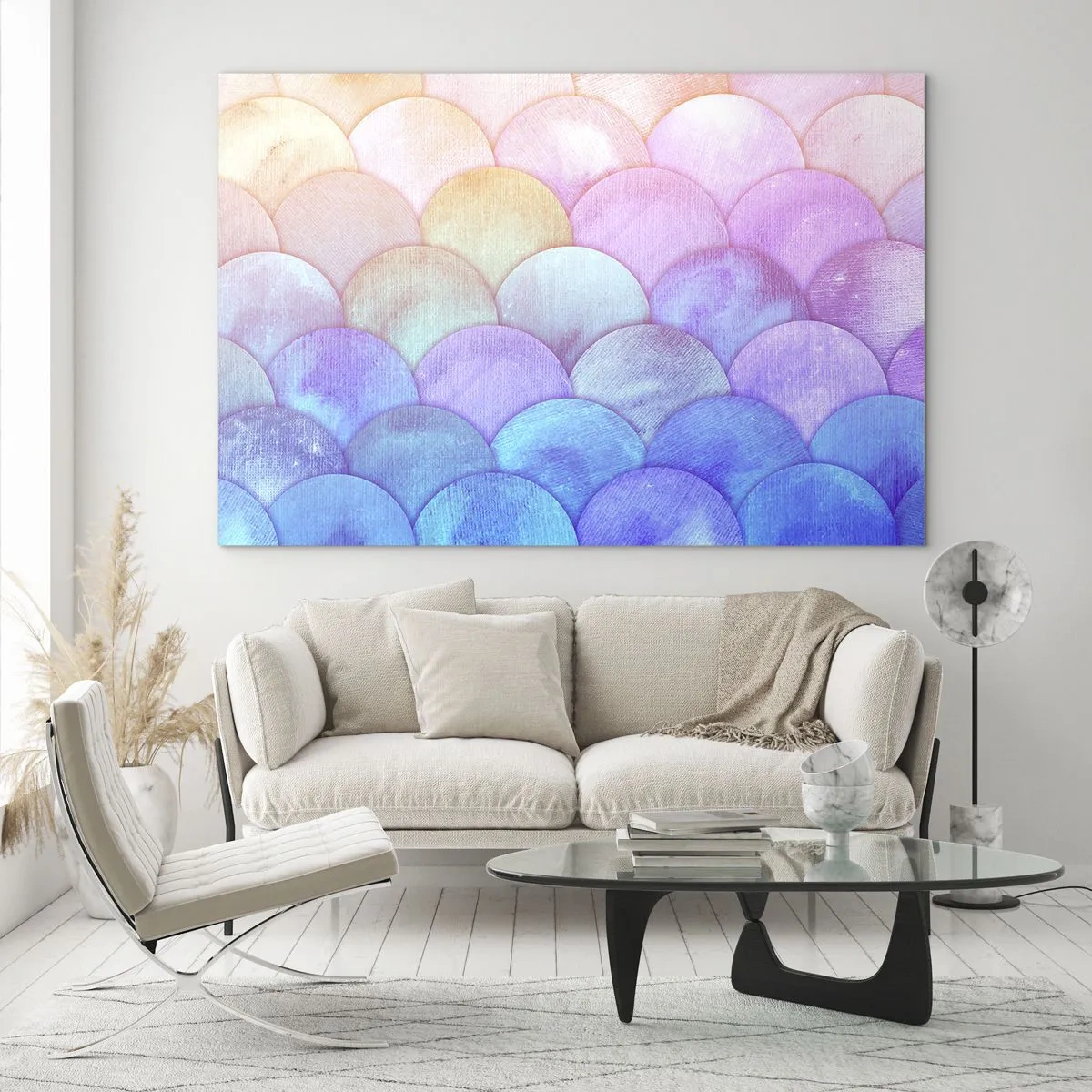 Quadro em vidro - Escamas de pérolas em tons pastéis de rosa, azul e roxo - 70x50cm - Escala de pérola - Decoração de parede moderna para a sala de estar e quarto ARTTOR